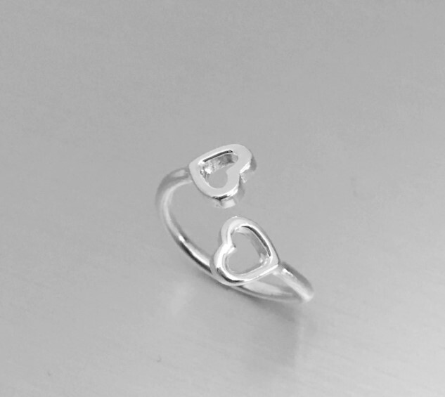 White Gold Plated Womens Double Heart Adjustable Toe Ring Solid Metal 925 Silver