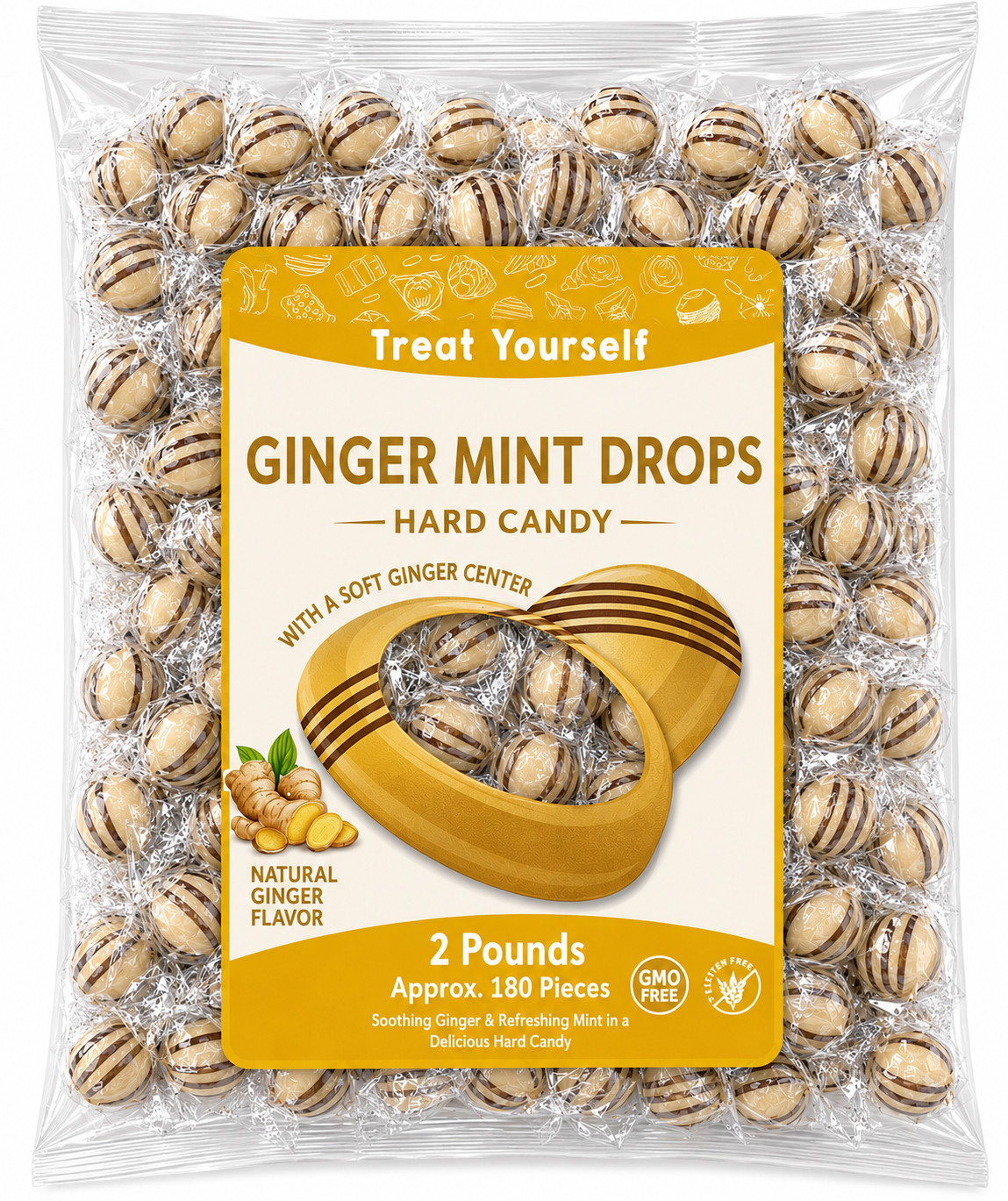 Ginger Mint Drops With a Soft Ginger Center, Wrapped Bulk Hard Candy (2 Pounds)