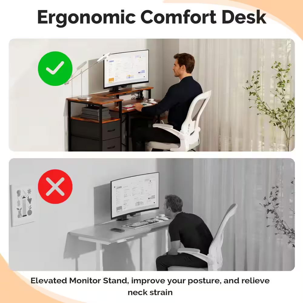 47.2 in Rectangle Computer Brown Wood 3-Drawer Computer Desk with Storage, Shelv