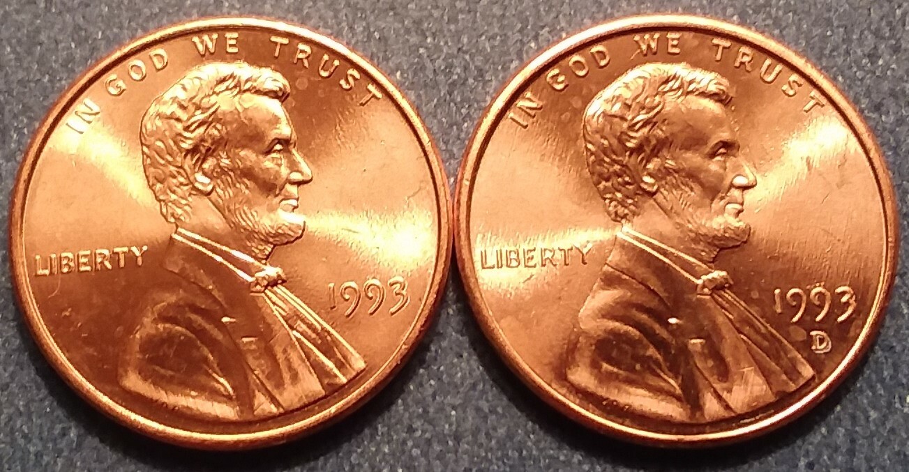 1993 P&D Brilliant Uncirculated Lincoln Cents(2 coins) Ships Free. BU condition.