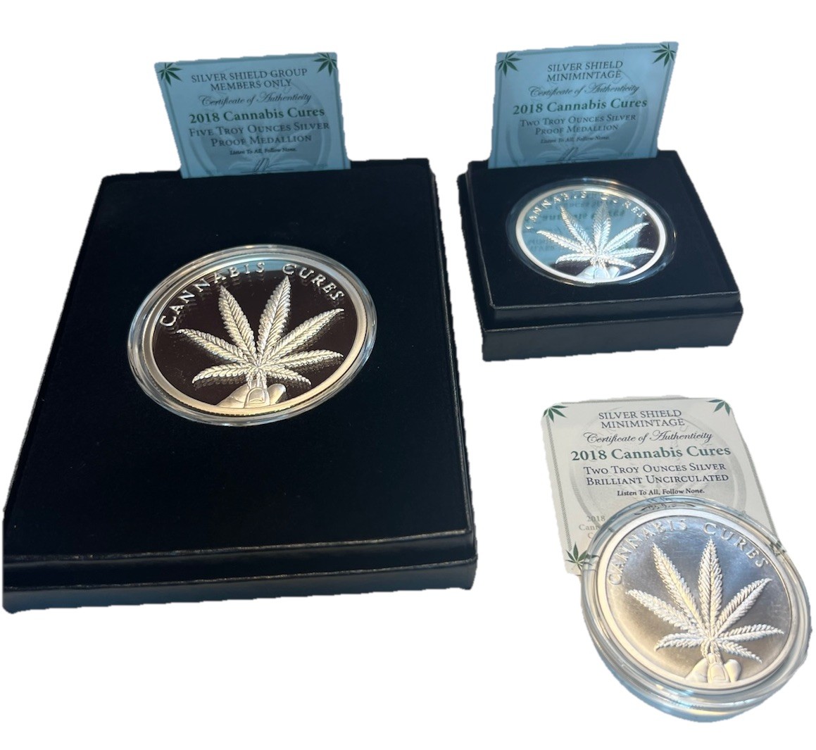 5oz & 2oz Proofs And 2oz BU 2018 Silver Shield Cannabis Cures (9 Oz Total Ag)