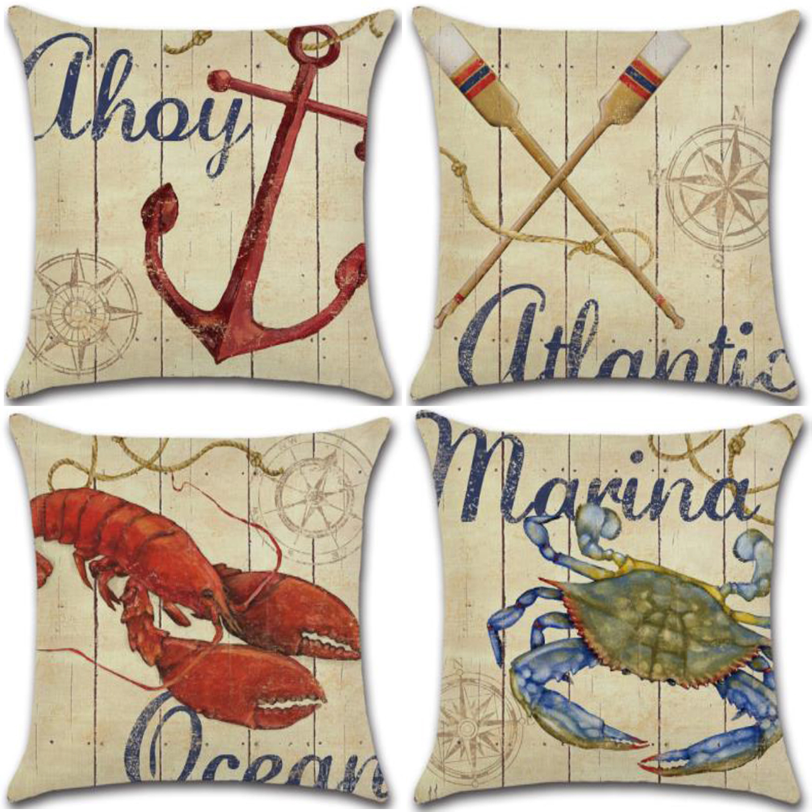 Set of 4 Pillow Covers 18x18, Anchor, Lobster & Crab Pattern Style Linen Fabric