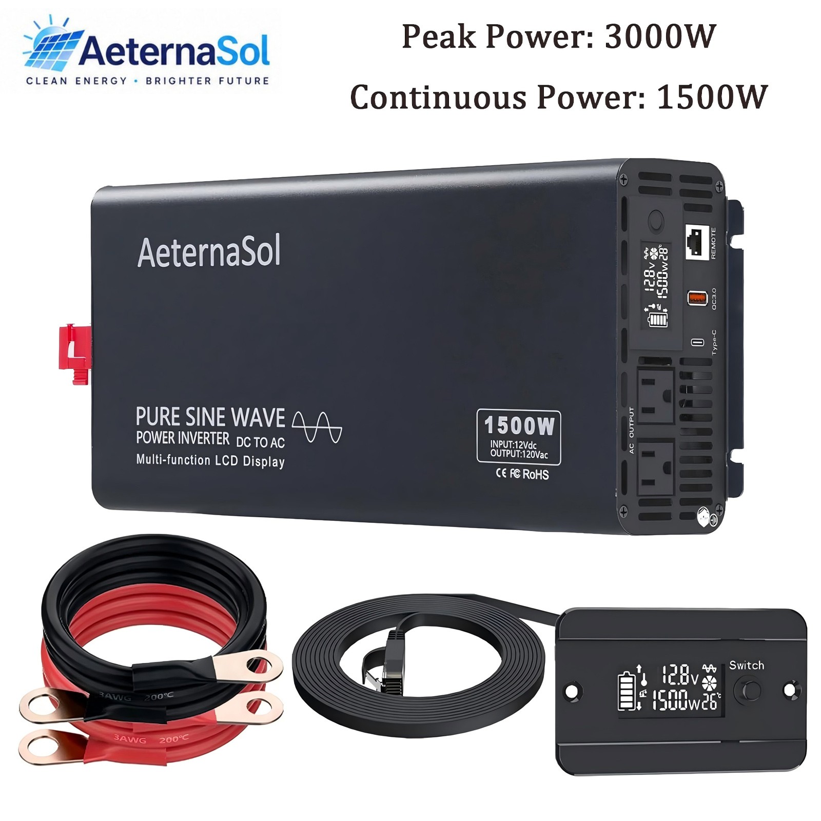 1500W Pure Sine Wave Inverter 12V DC to 110V AC Converter 3000W Peak Solar Power