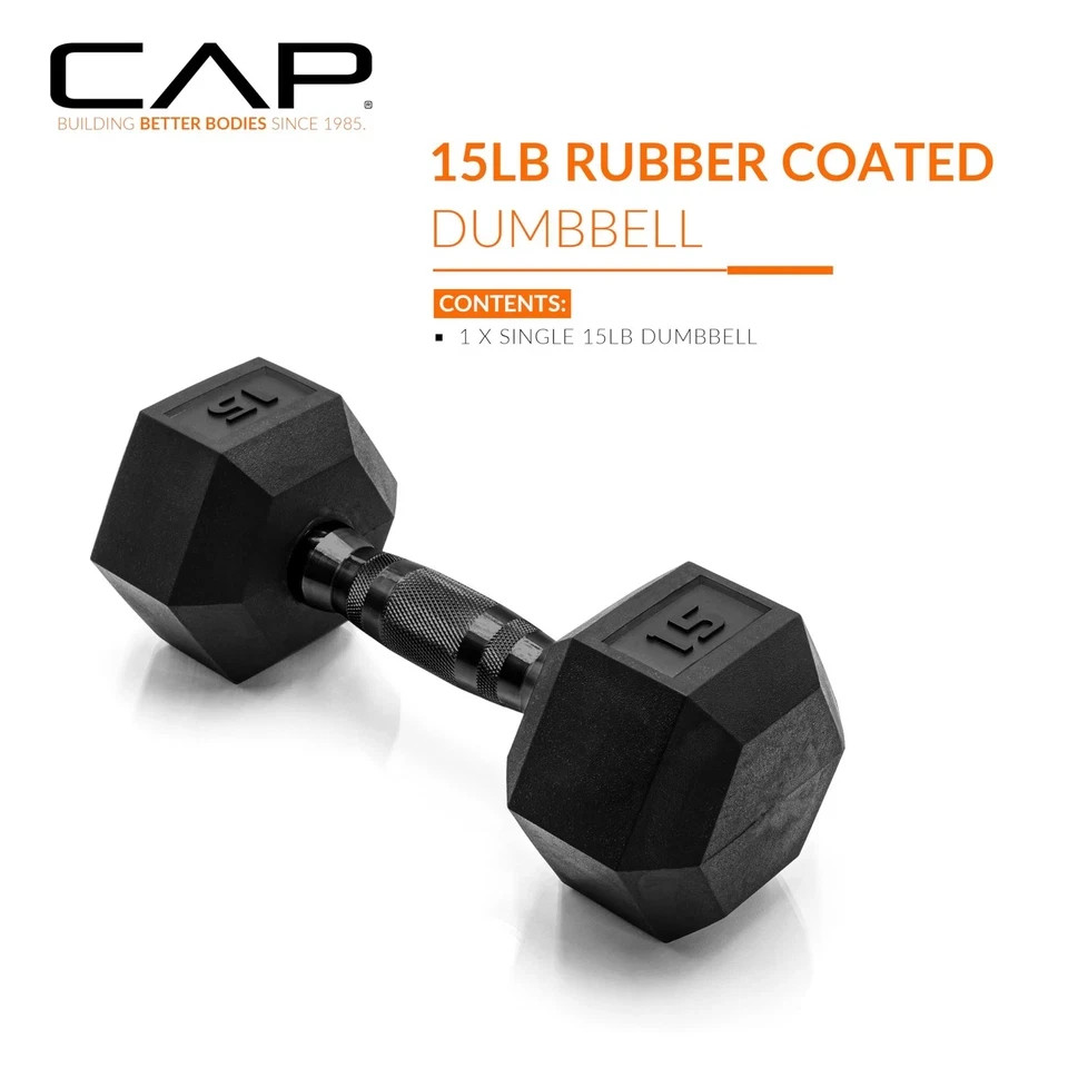 15 LB Rubber Coated Hex Dumbbell Hand Weight Single | Black Handle