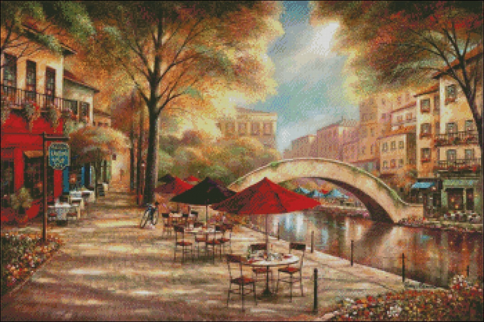 Riverwalk Cafe - DIY Counted Cross Stitch Patterns Needlework Embroidery DMC