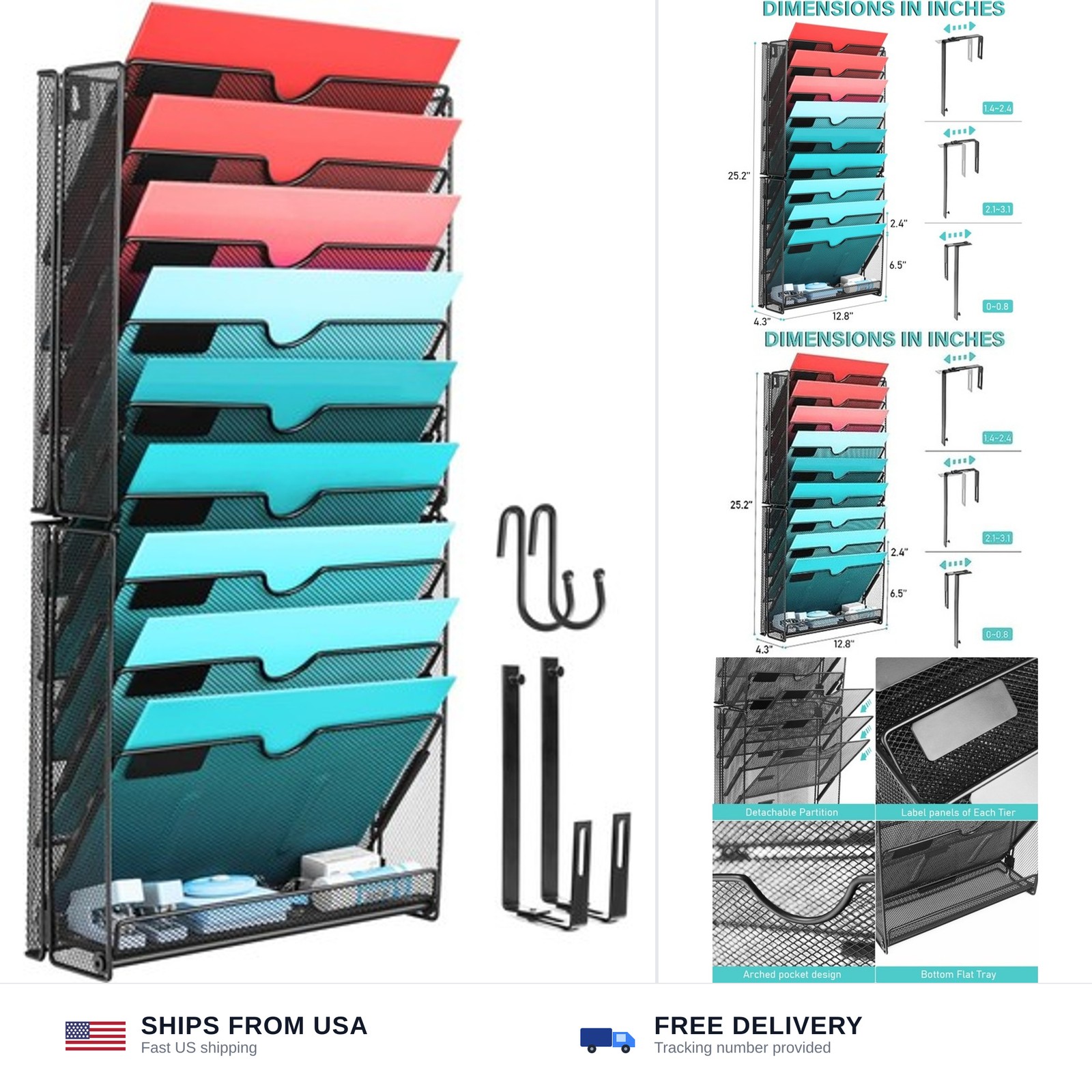 Wall File Organizer, 10 Pockets Mesh Hanging File Organizer | Wall Mount File...