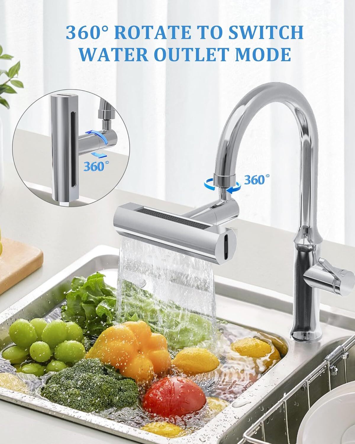 Waterfall Swivelling Kitchen Sink Faucet 360° Universal Multifunctional 4 Modes