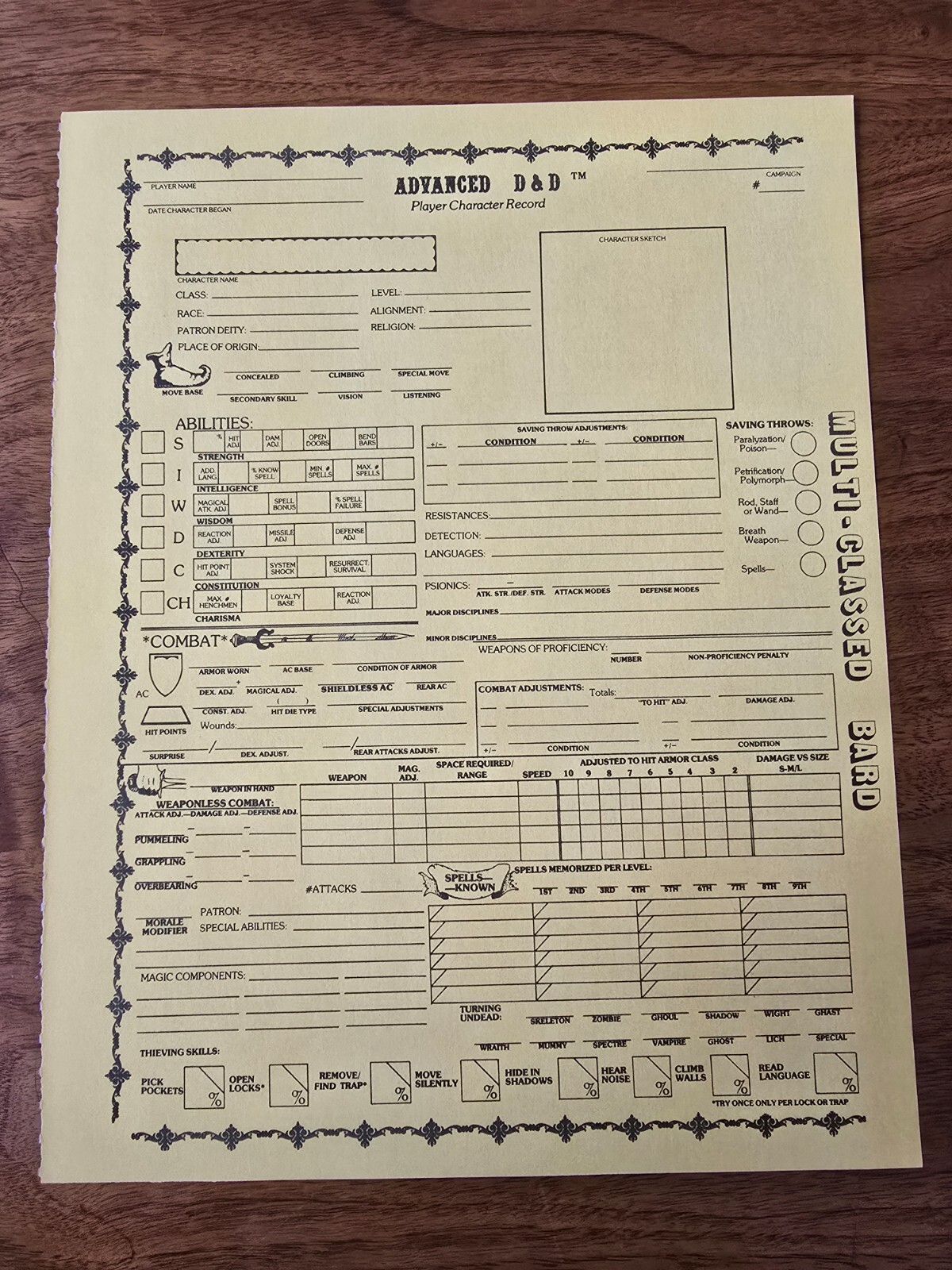 AD&D REF2 Player Character Record Sheet Singles Multi-Class/Bard TSR