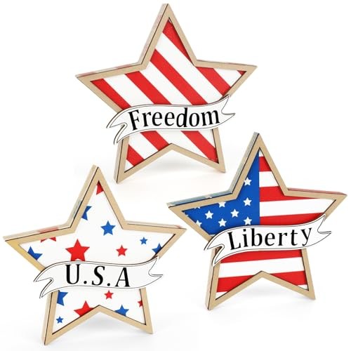 4th of July Decorations,Wooden Stars Patriotic Memorial Day Tiered Tray