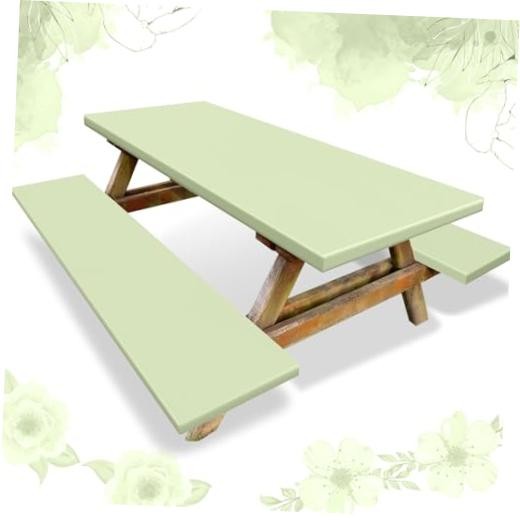 3 Pcs Picnic Table and Bench Fitted Tablecloth Cover for 6 Ft Table Sage Green
