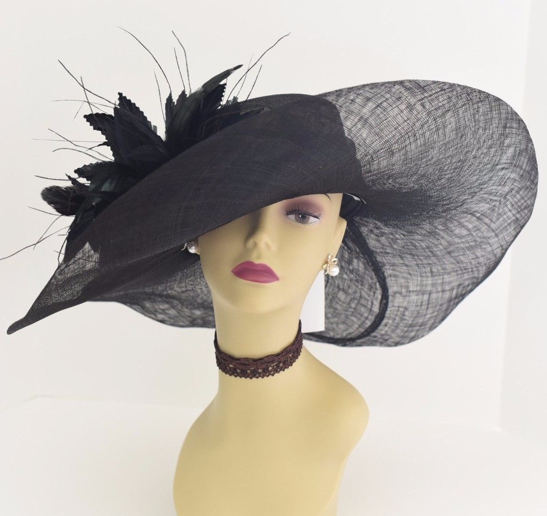 Kentucky Derby Church Wedding Feather Flower Sinamay Wide Dress Hat 58 ( Black )