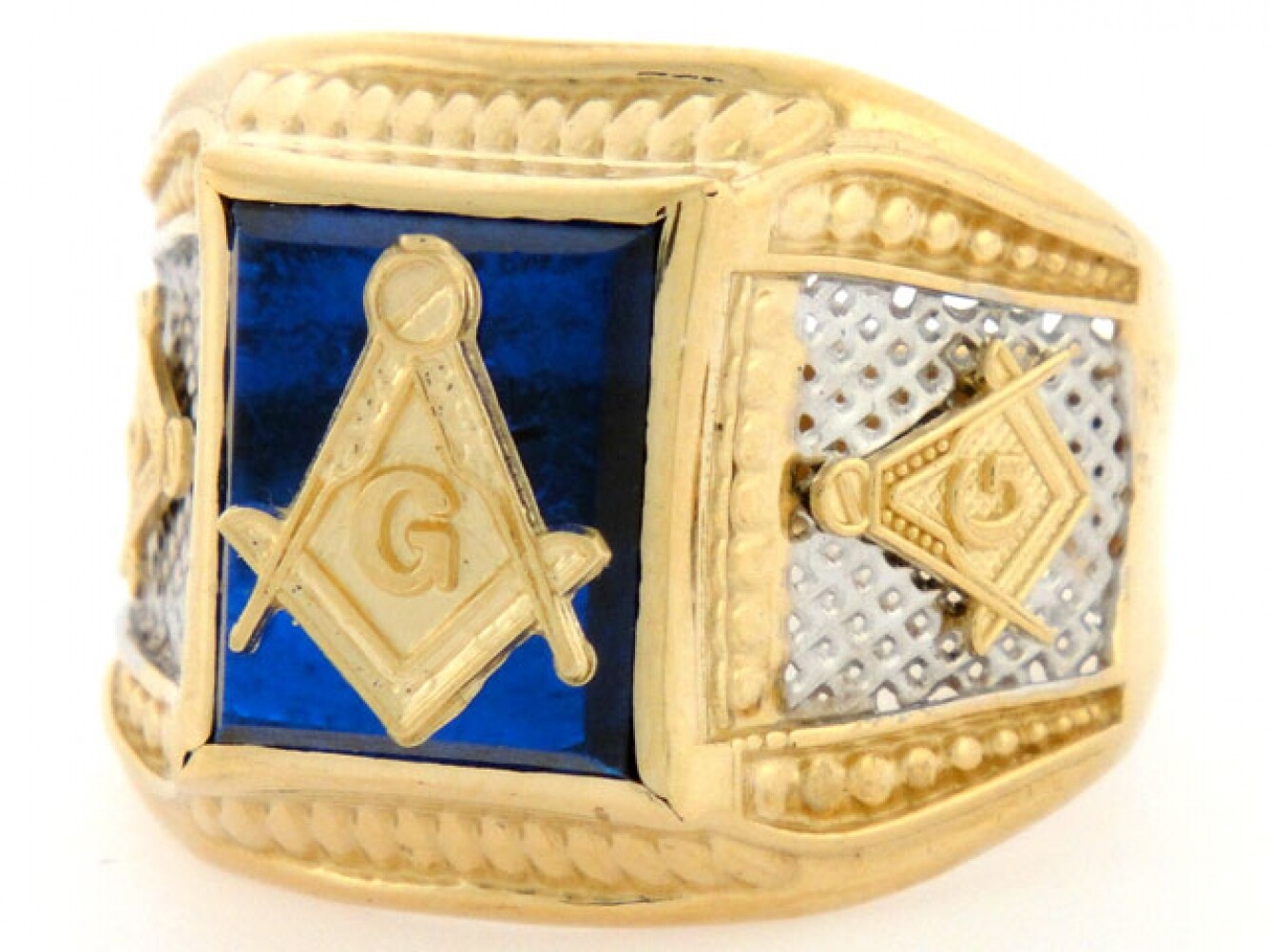 10k or 14k Two-Tone Gold Simulated Sapphire Masonic Mens Ring