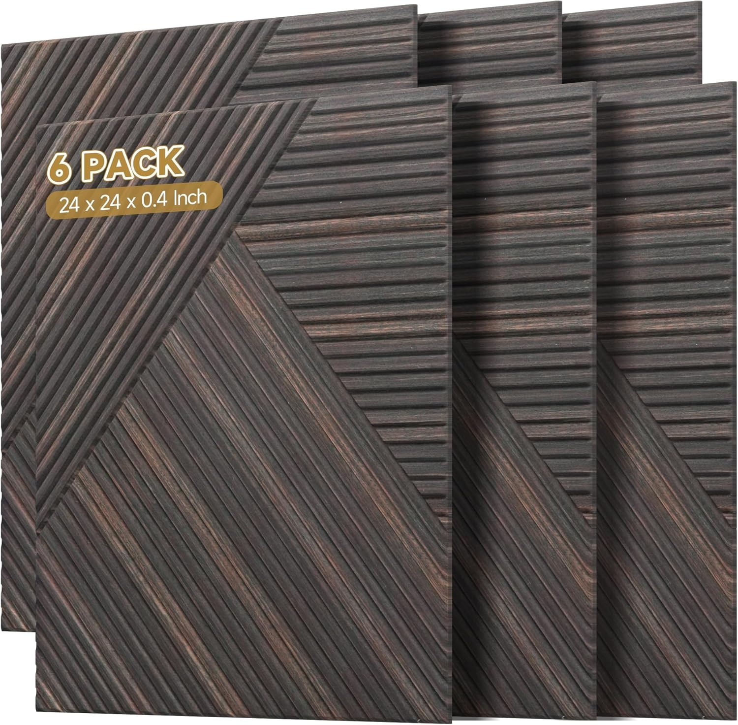 Rustic Walnut Acoustic Panels - 6 Pack Self-Adhesive 3D Wall Decor 2'x2