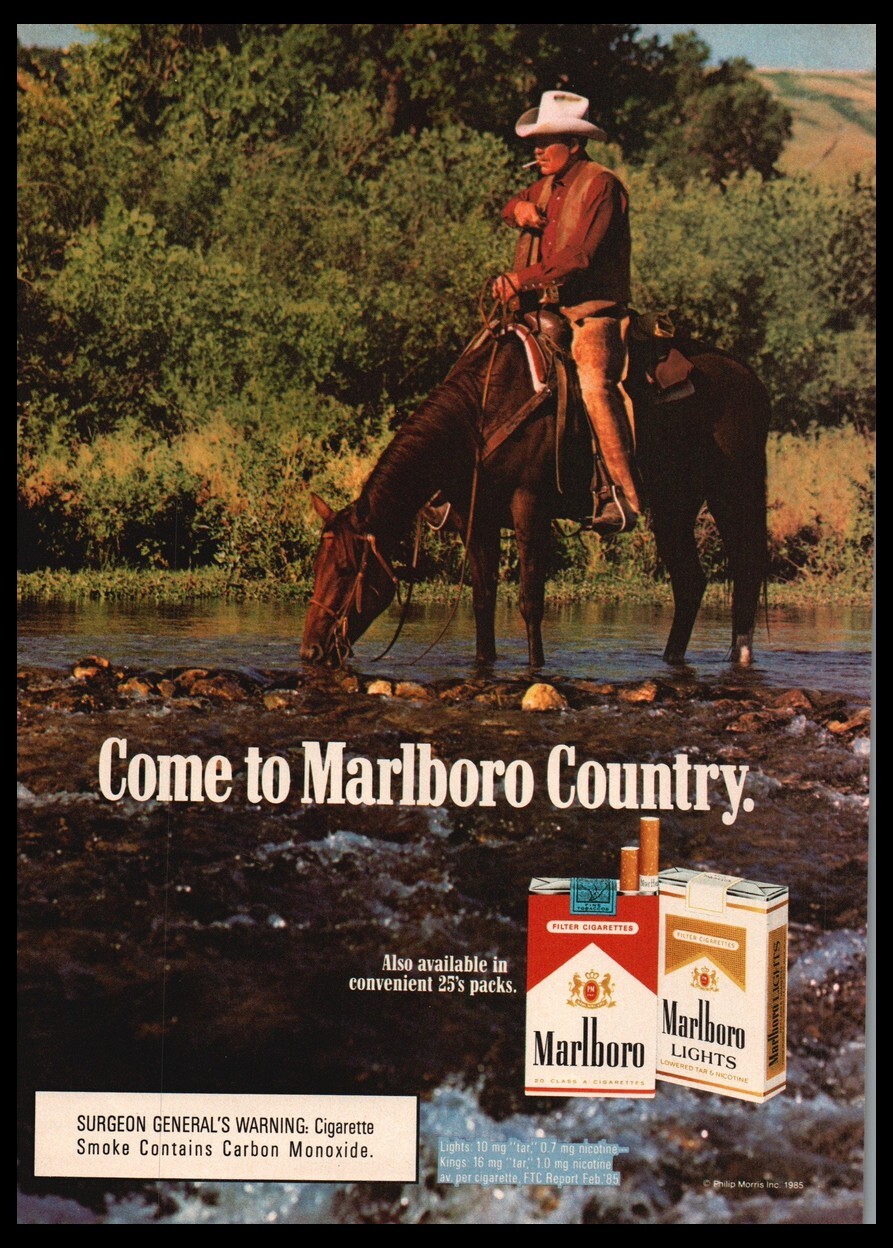 1985 Marlboro Reds-cigarette print ad/mini poster-Cowboy Hat, Man & Horse 1980s