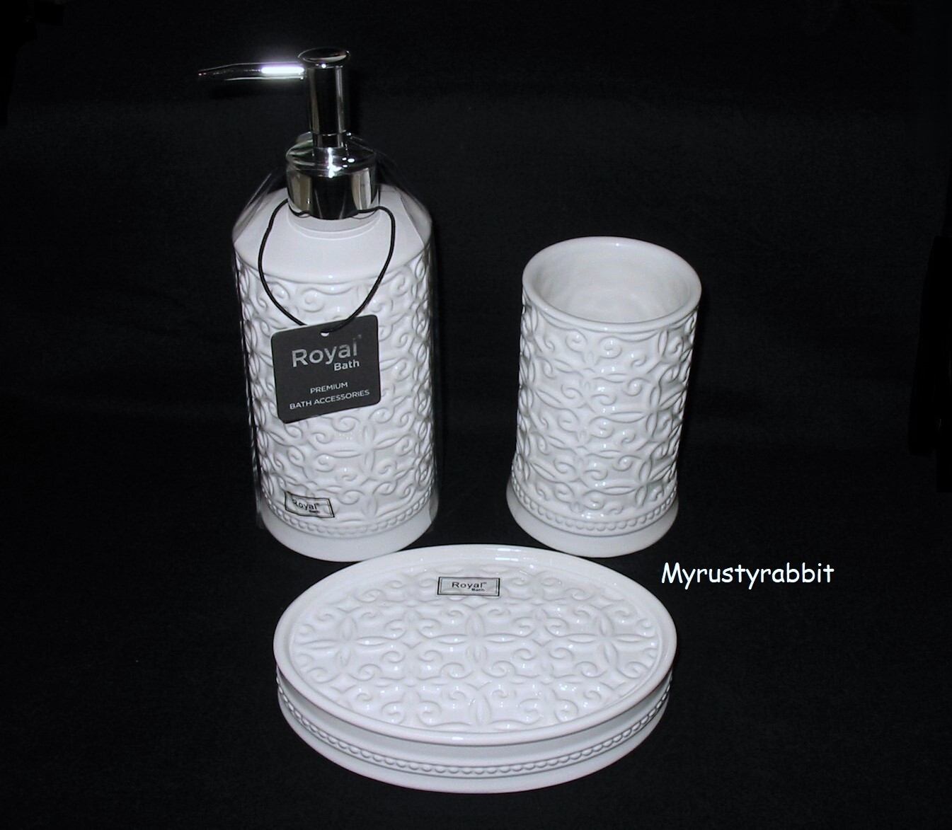 Royal Bath White Ceramic Bathroom Soap Dispenser Tumbler & Dish - Embossed