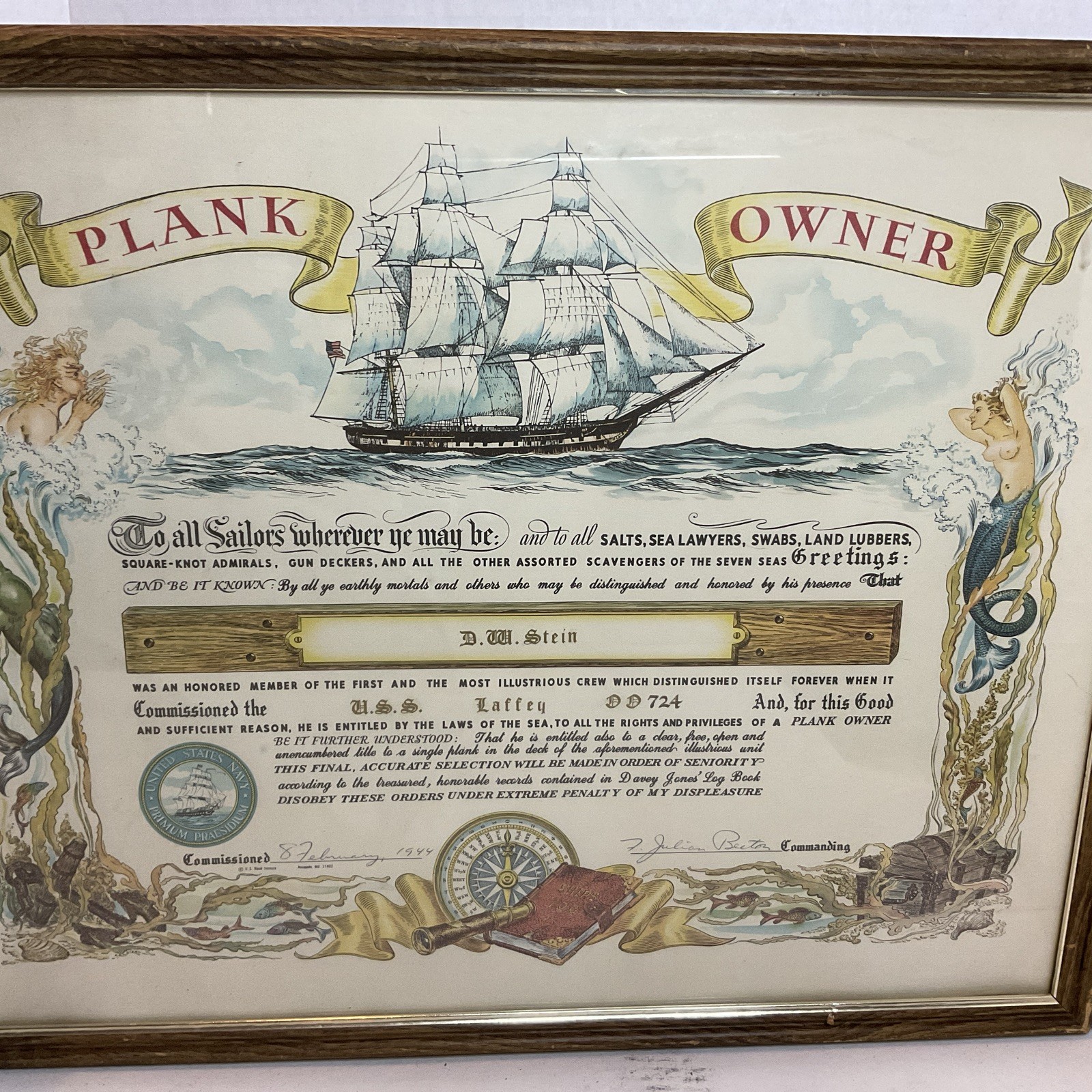 WW2 Era Plank Owner's Certificate Document USS Laffey DD 724 Feb 8, 1944. Ship