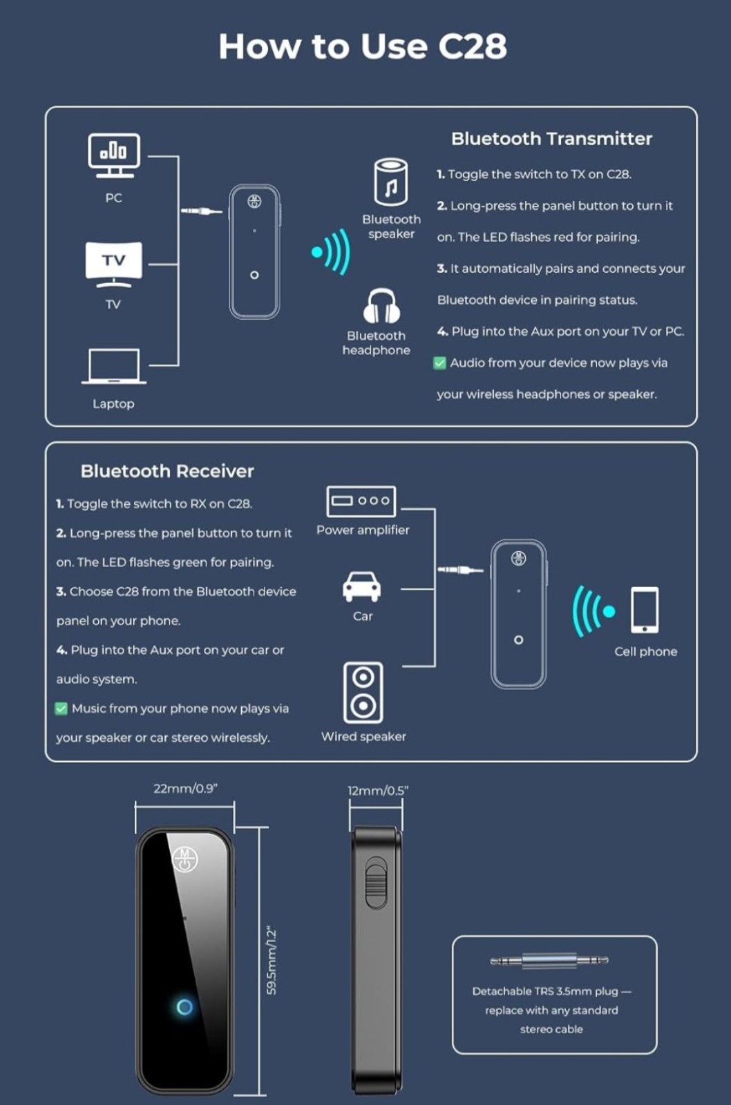 C28 Bluetooth 5.0 Transmitter & Receiver Adapter, 3.5mm Jack, USB-C, Universal
