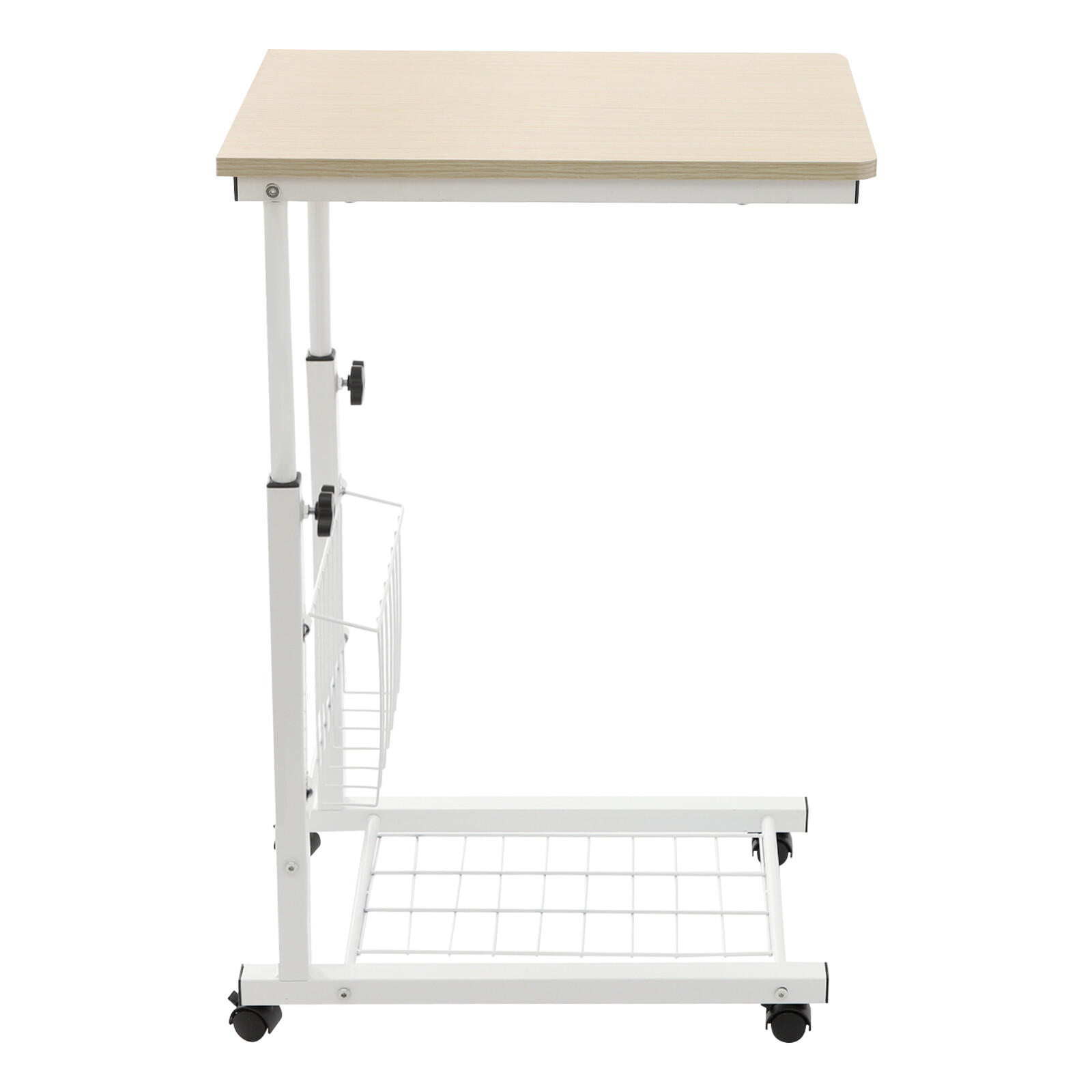 Adjustable Bed Side Table With Wheels, 2 Tier C Shaped Mobile Standalone Table