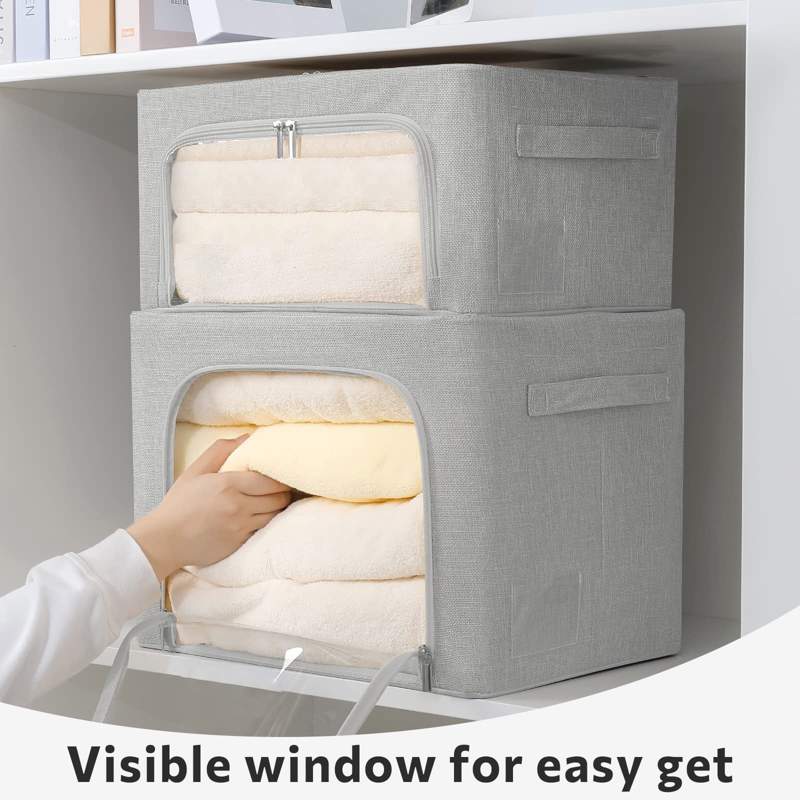 2 Pack Clothes Storage Bins Stackable Metal Frame Storage Foldable Linen Fabr...