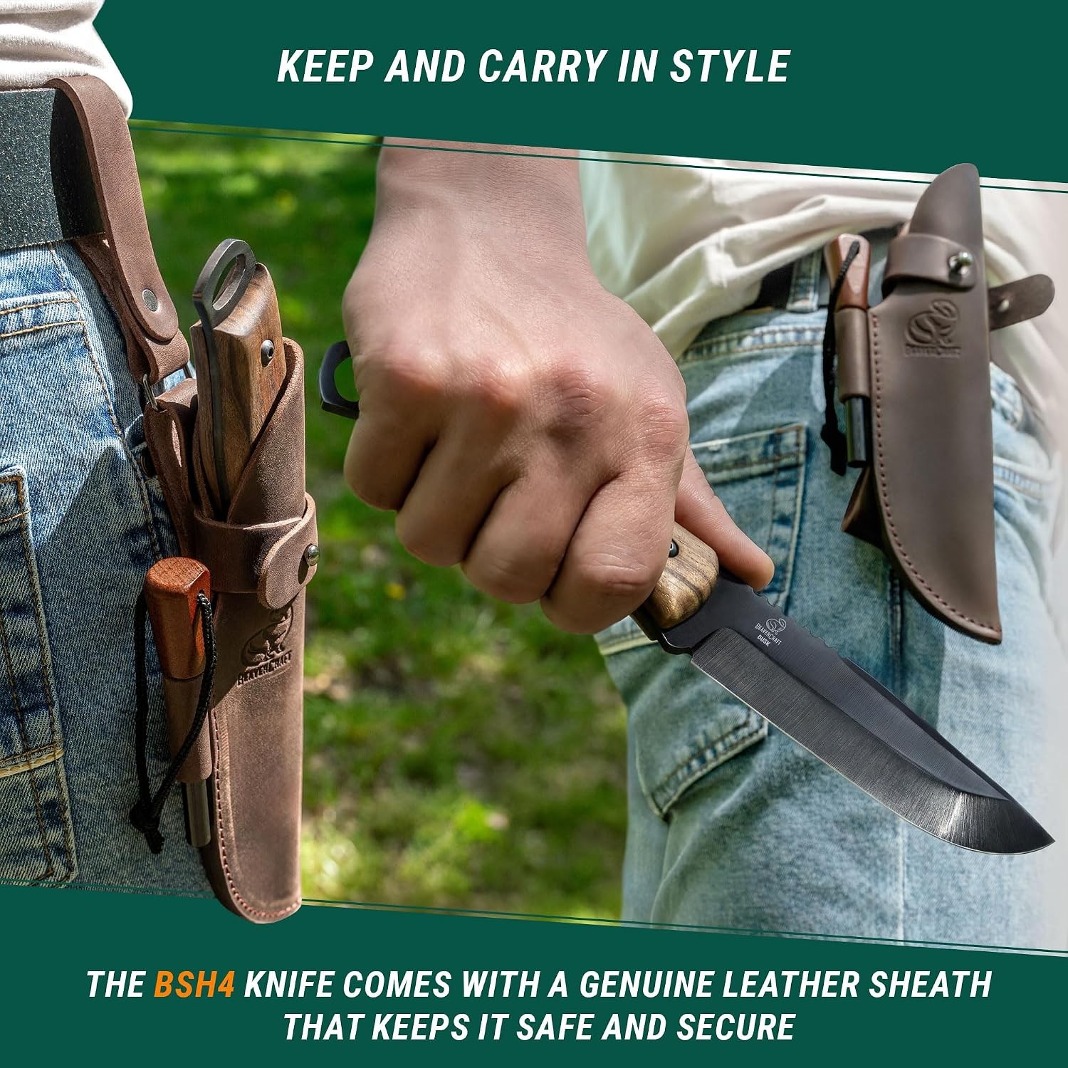 Bushcraft Full Tang Knife 9.8" Leather Sheath Fire Starter Bushcraft Tools