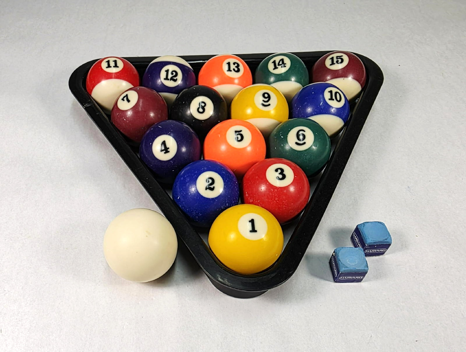 Vintage Pool Balls Billiards Complete Set w/ Cue Ball Rack & Chalk