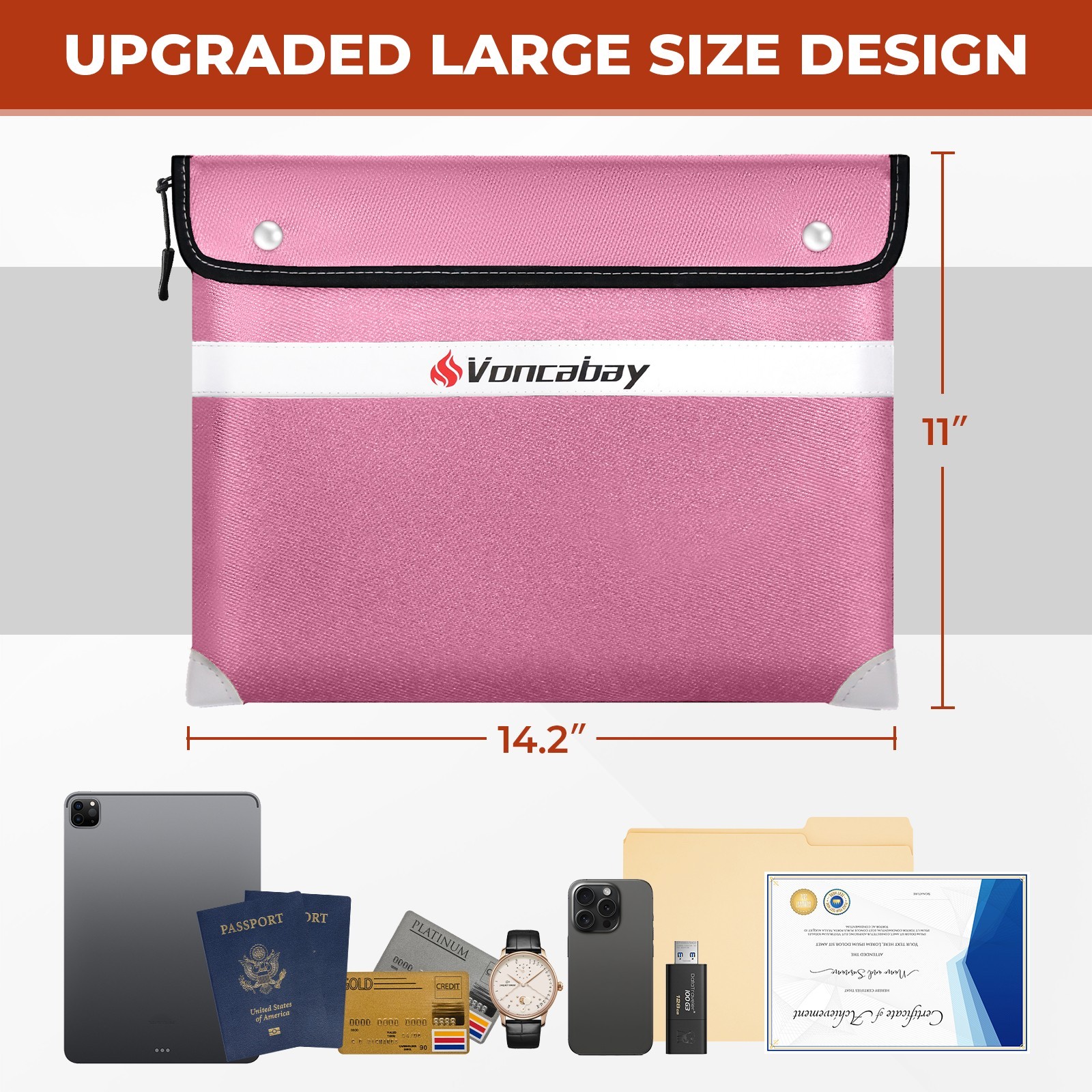 6400℉ Fireproof Document Bag Pink Waterproof Reflective Strip 14.2"x11" Safe