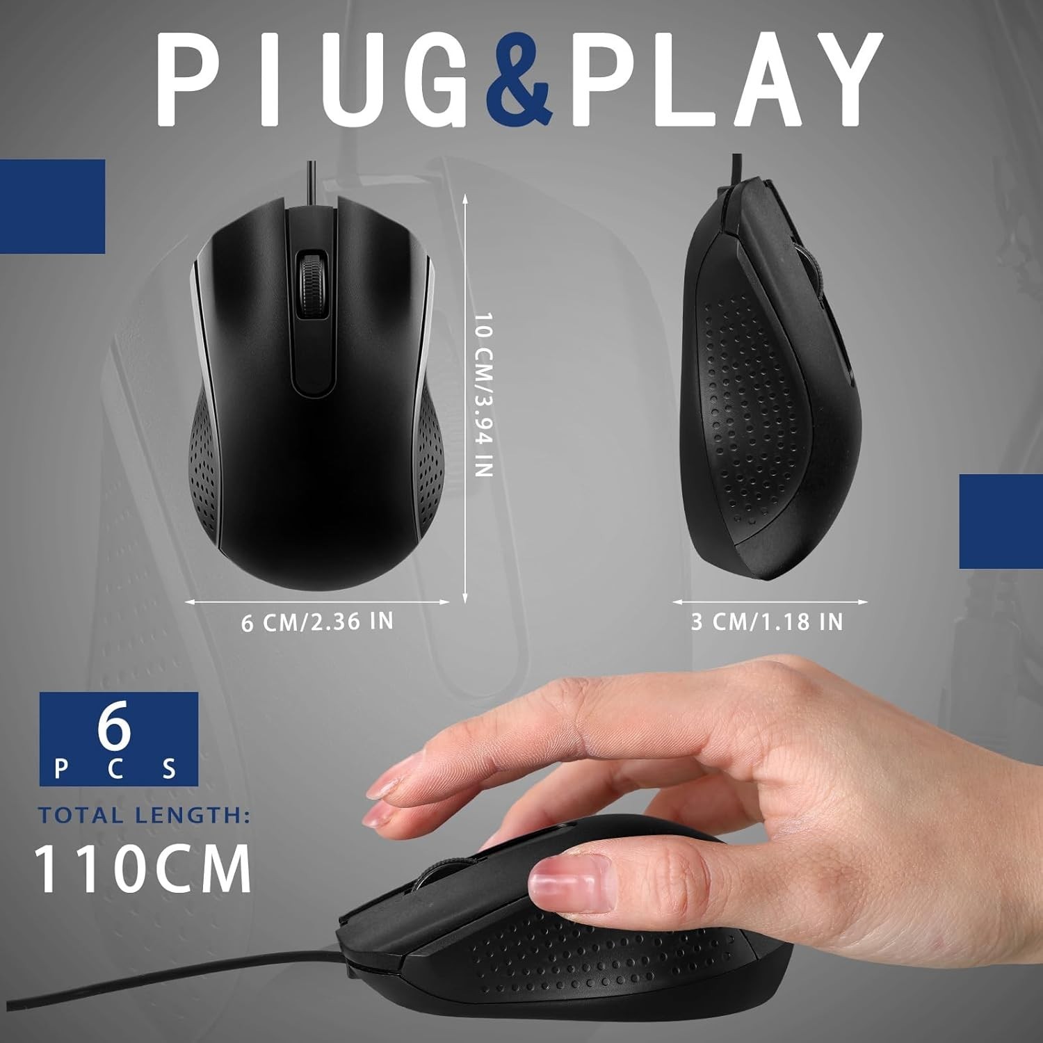 6 Pcs Wired USB Computer Mouse Bulk 3 Button Corded Wired Mouse for Laptop De...