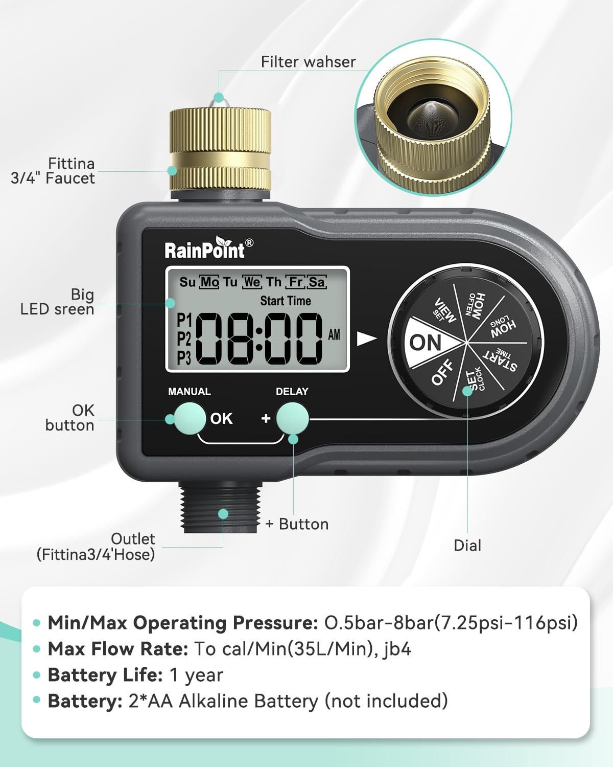 Sprinkler Timer with 3 Individual Programs, Brass Inlet Water Timer for Garde...