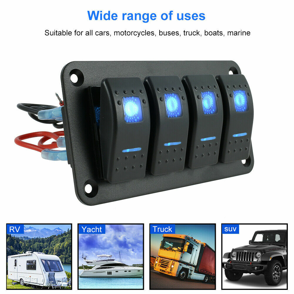4 Gang Blue LED Toggle Rocker Switch Panel Breakers Car Marine Boat RV 12V