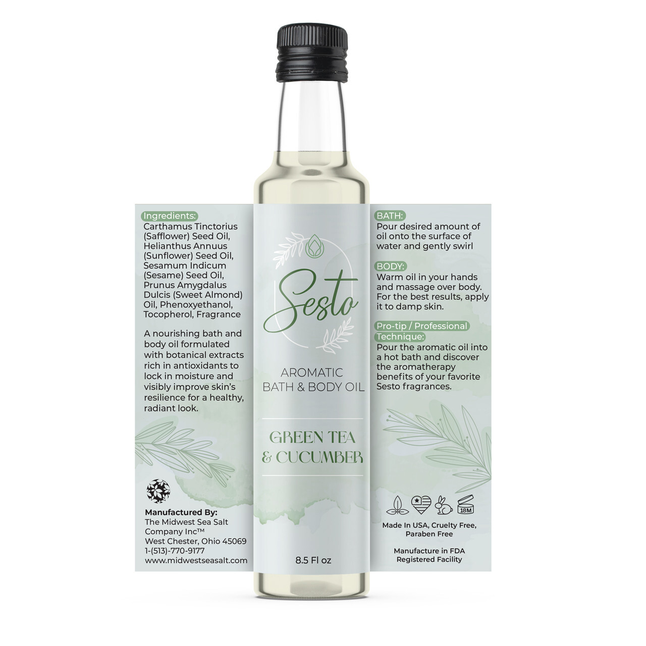 Sesto Aromatic Bath & Massage Oil - Green Tea & Cucumber - 8.5oz