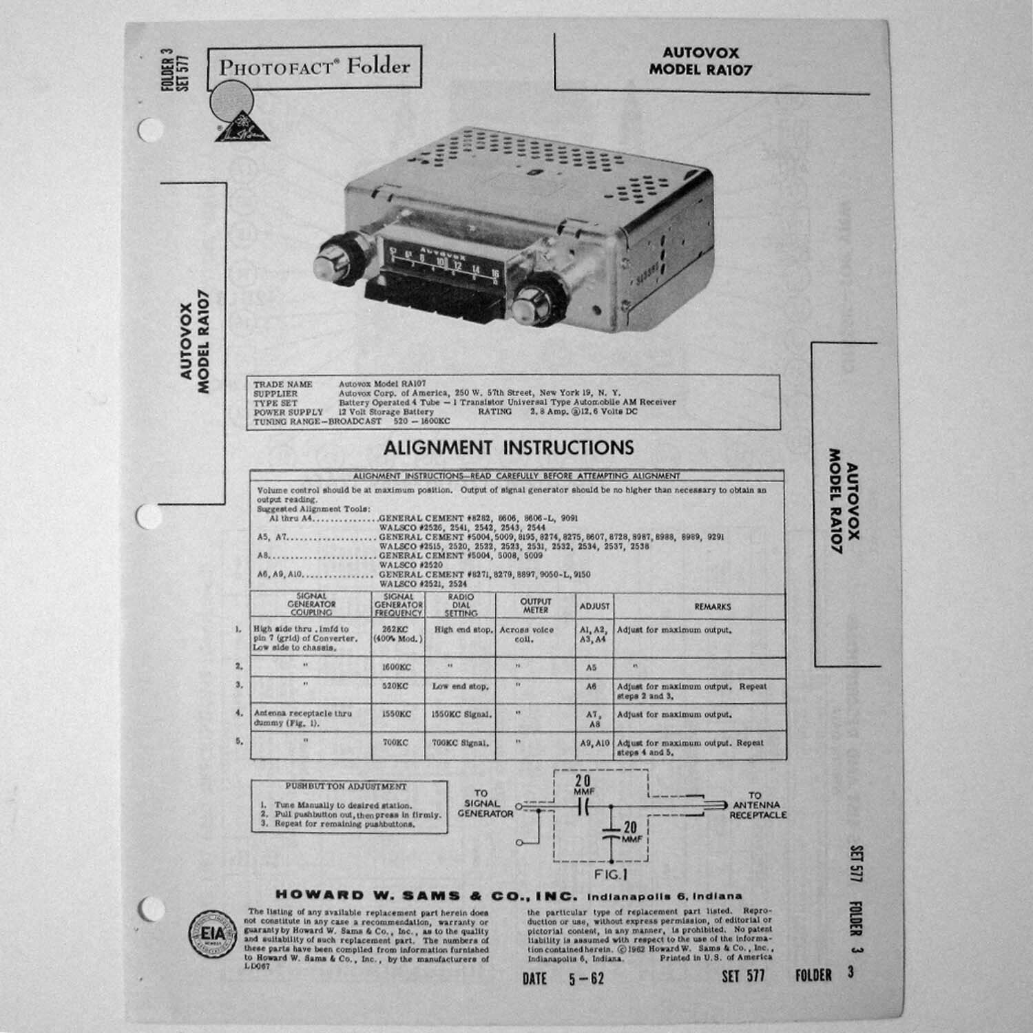 Autovox Model RA107 Universal Car Radio - SAMS Photofact ™ 1962 - New NOS