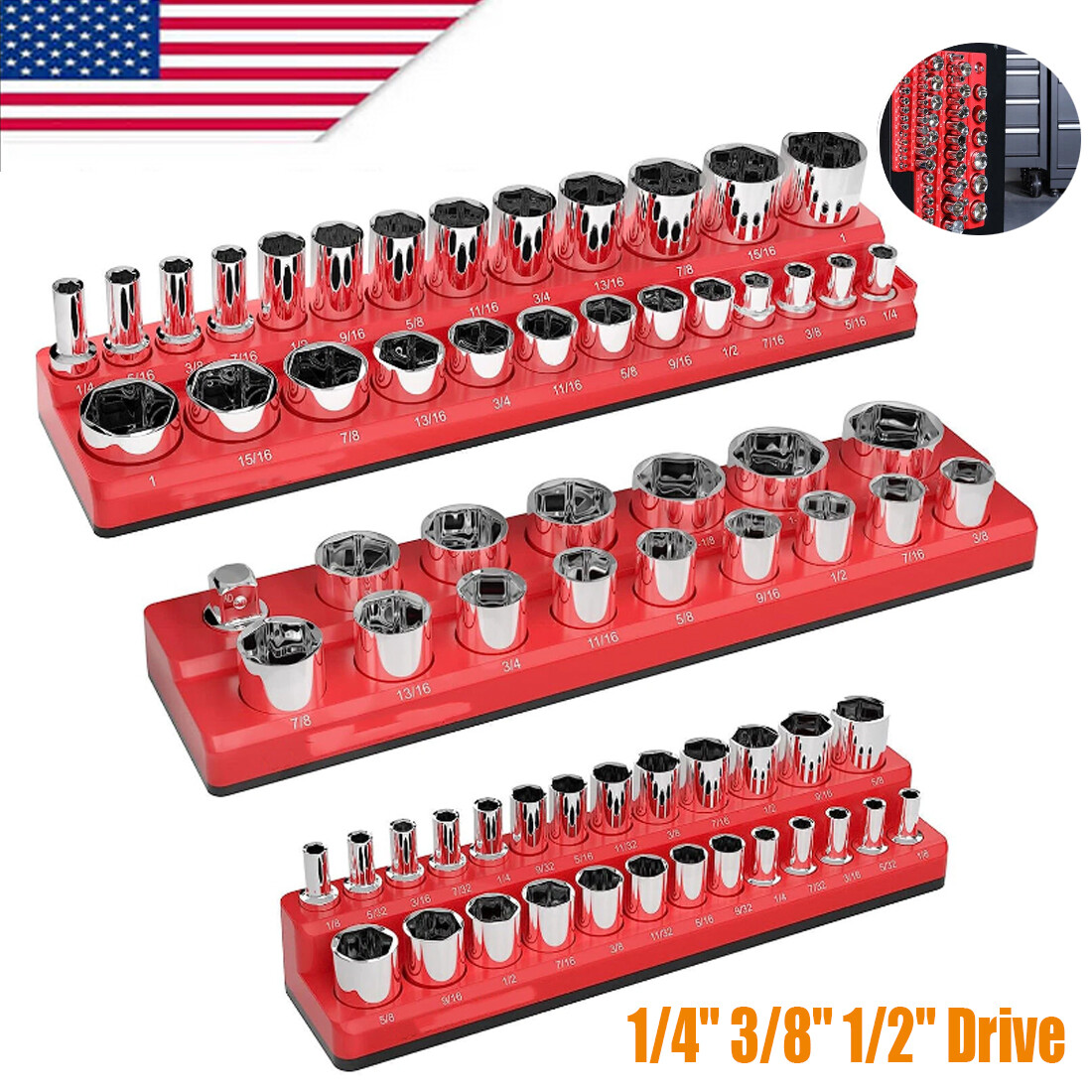 3Pcs Magnetic Socket Organizer Storage Holder Tool 1/4" 3/8" & 1/2" Drive
