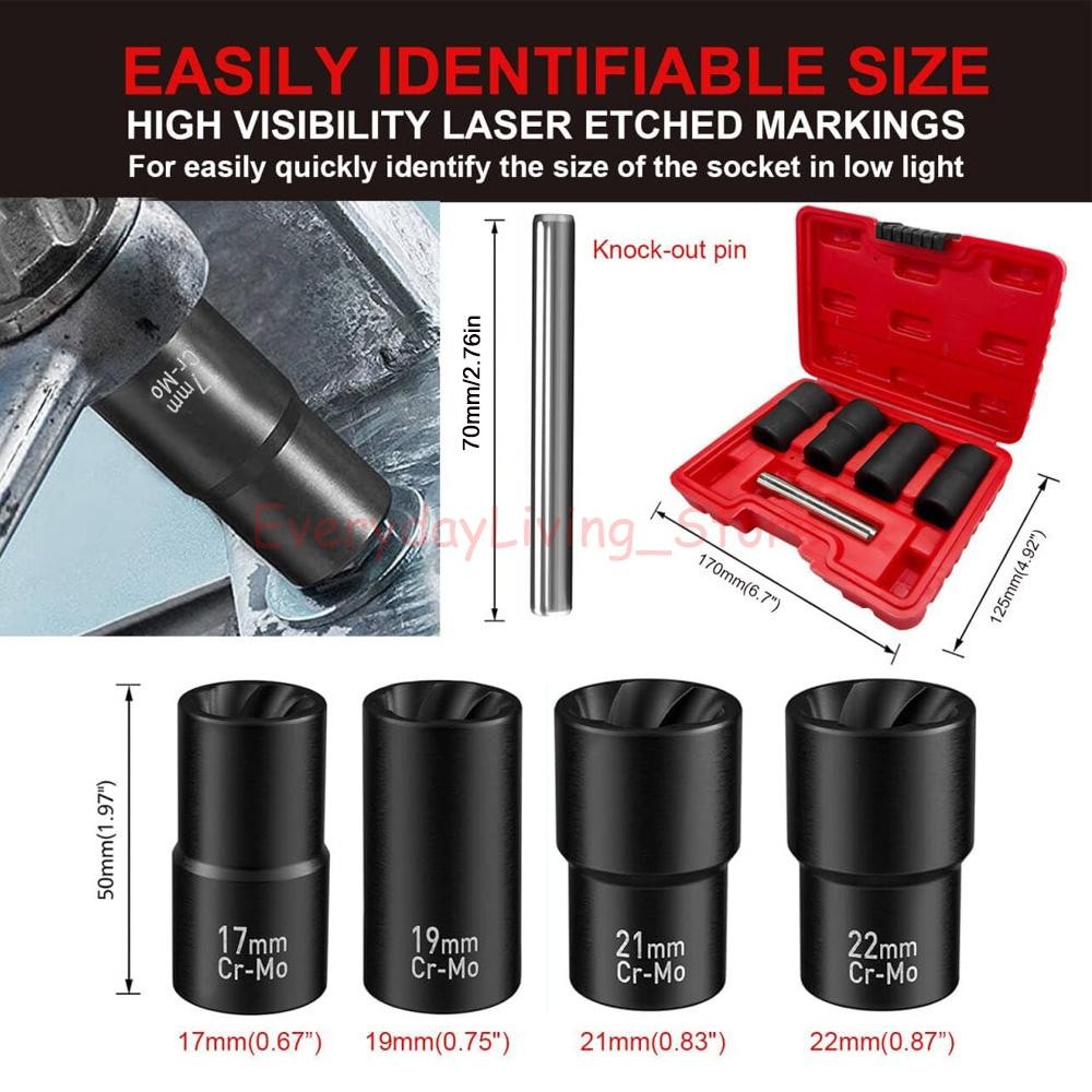 5Pcs Wheel Lug Nut Remover 1/2" Drive Twist Socket Kit Remove Damaged Locked Nut