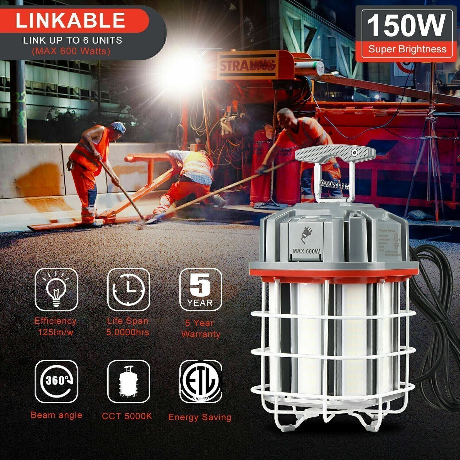 150W LED Construction Temporary Work Light 5000K Outdoor Indoor Linkable Lights