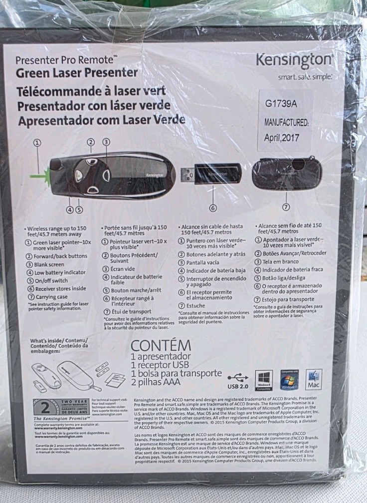 Kensington Presenter Pro Remote Control Black Wireless Ergonomic w/ Green Laser