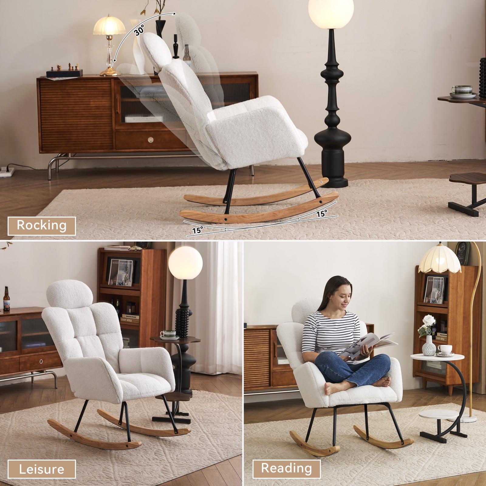 Plush Upholstered Teddy Fabric Rocking Glider Chair with High Backrest & Pillow