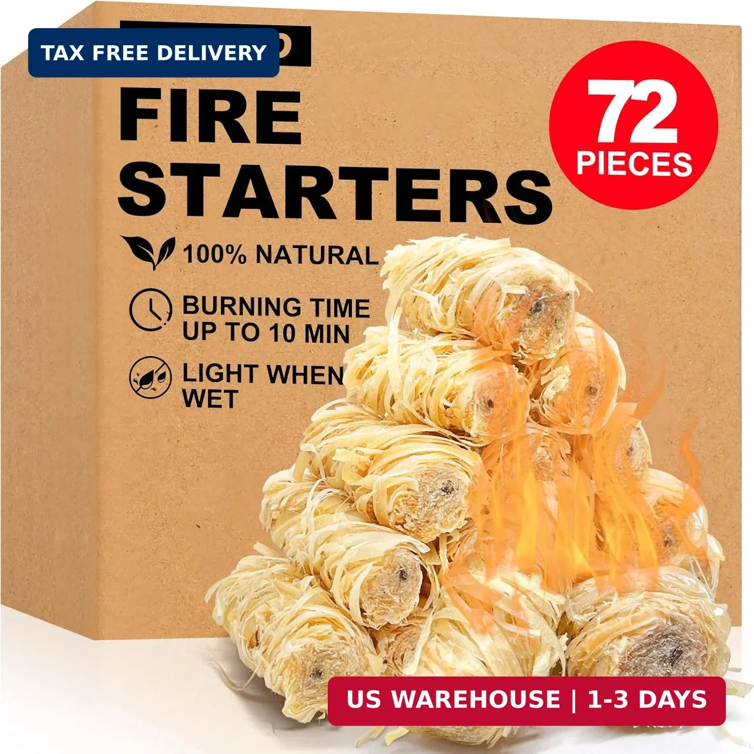 72 Pcs Fire Starter - Natural Fire Starters for Fireplace, Pellet Stove, BBQ, Pi