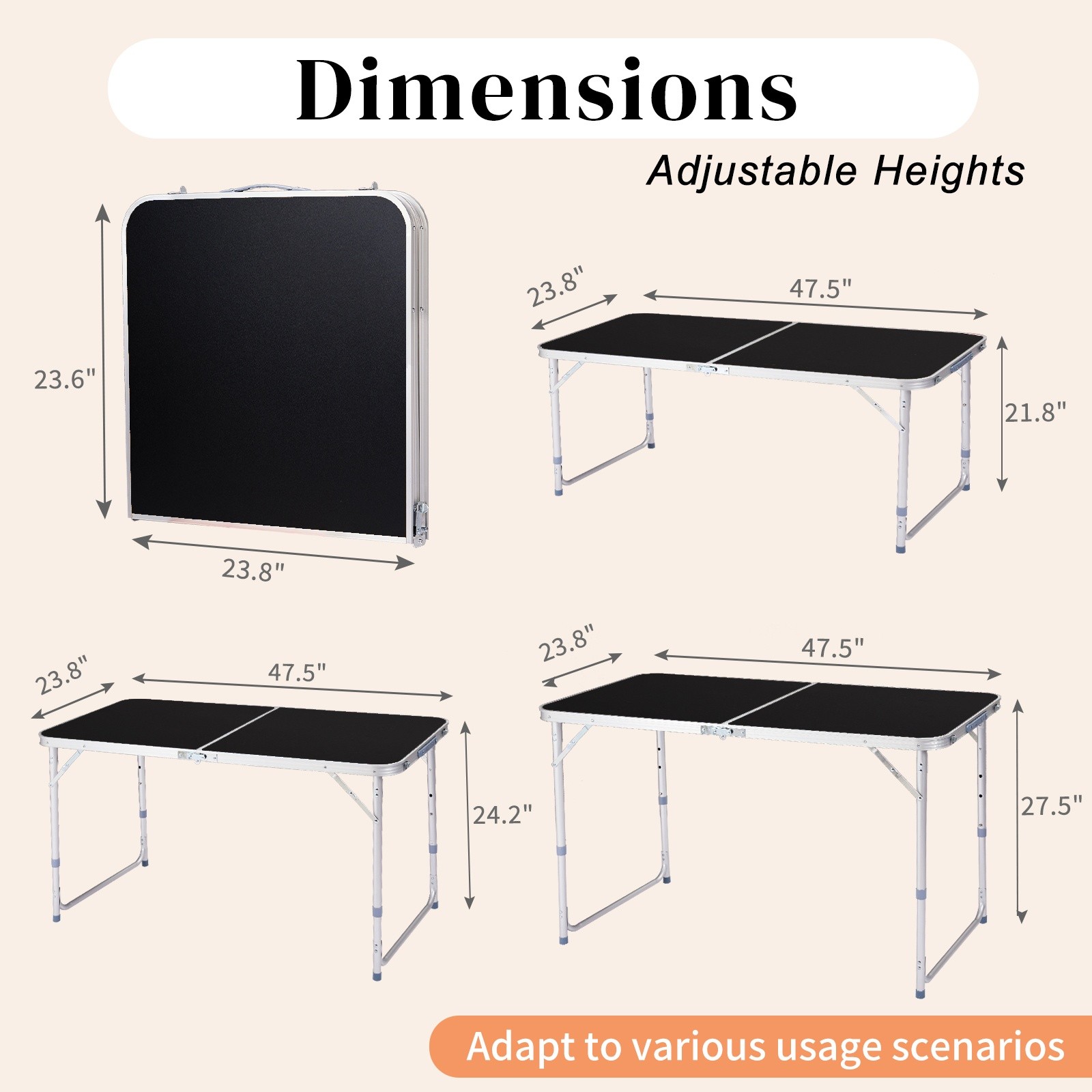 Folding Camping Table 4ft - Adjustable Patio Aluminum Frame Outdoor Picnic Black