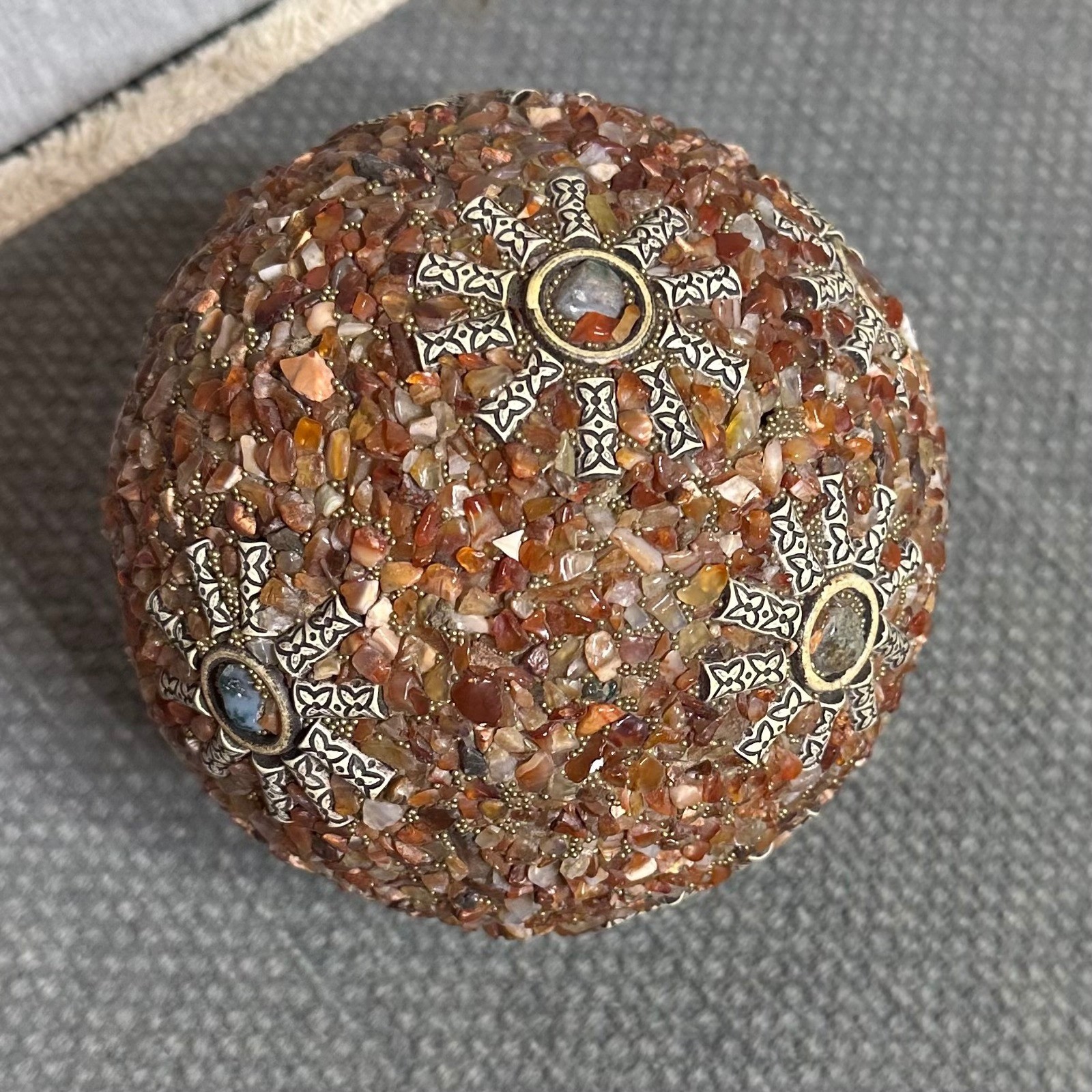 Decor Mosaic Stone Orb Sphere Bohemian Ornate Metal Sunburst Gemstone Medallions