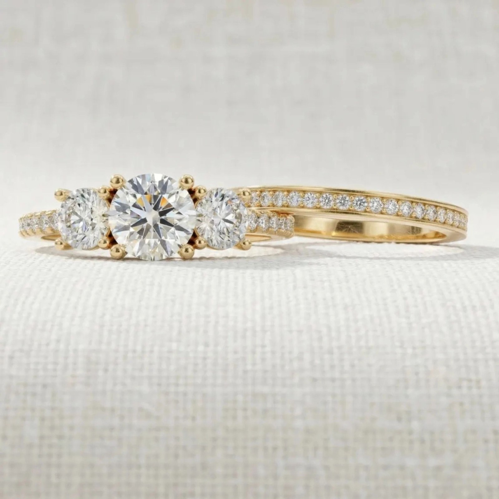 2.70CT Lab Grown Diamond Three Stone Ring W/Band Bridal Ring Set 14K Yellow Gold