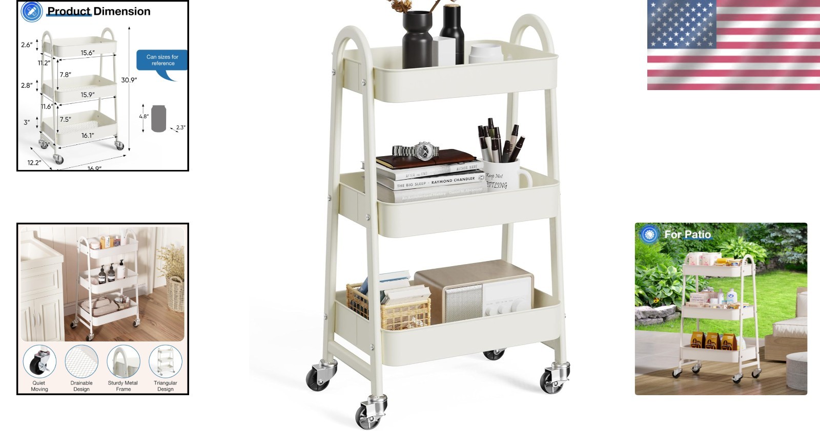Rolling Storage Cart with Lockable Wheels Metal Utility Organizer Shelf White