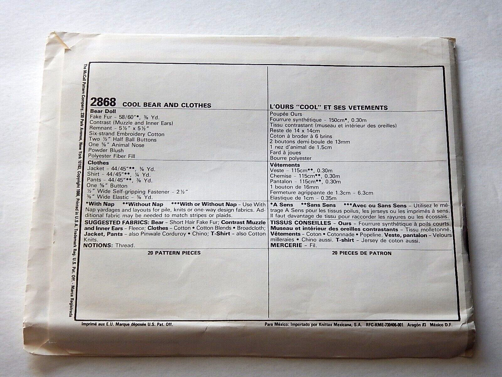 McCall's 2868 COOL BEAR & Clothes ©1986 UC FF