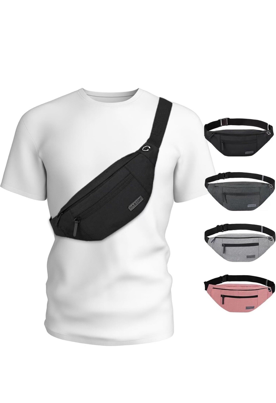 Large Crossbody Black(4 Zipper Pockets) Large Fanny Pack(4 Zipper Pockets)
