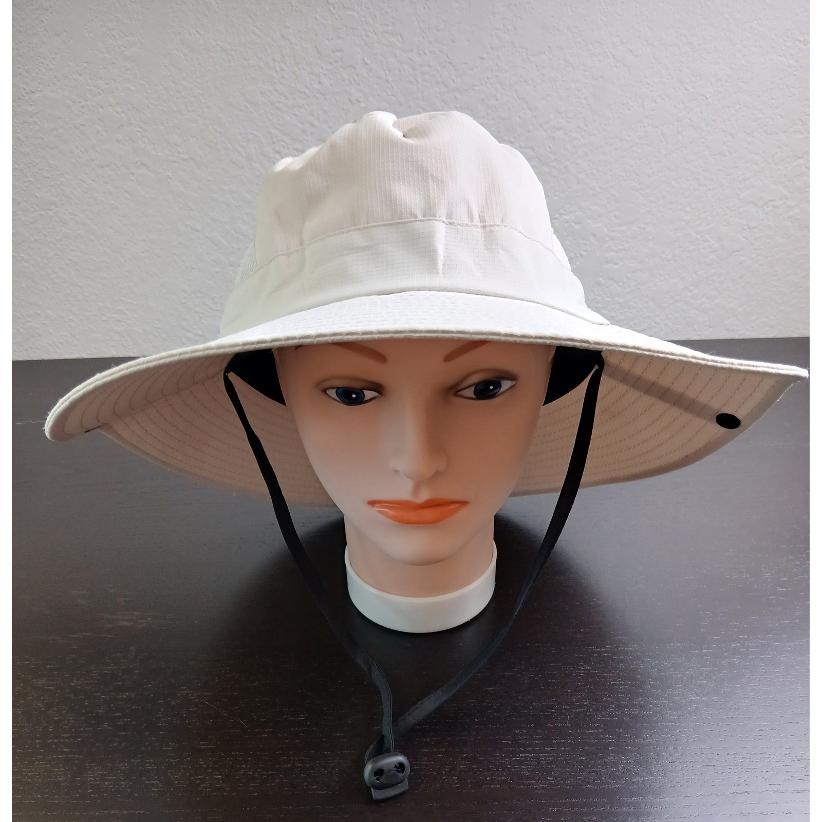 Sunshade 4' Brim Safari Hat Off White Mesh Vented Adjustable Chin Strap Snaps