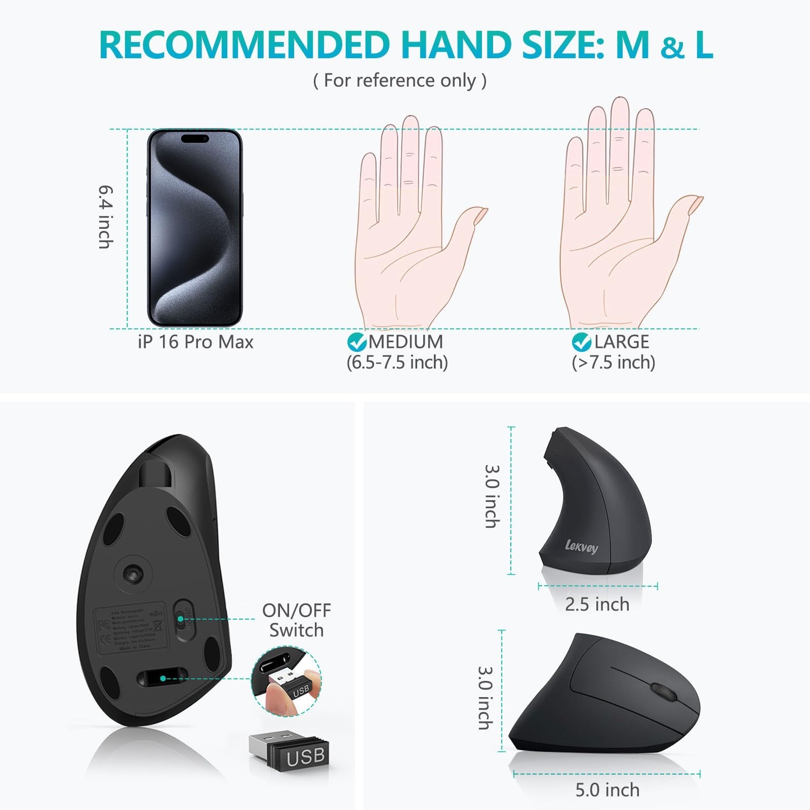 Ergonomic Mouse, LEKVEY Vertical Wireless Mouse - Rechargeable 2.4G Optical V...