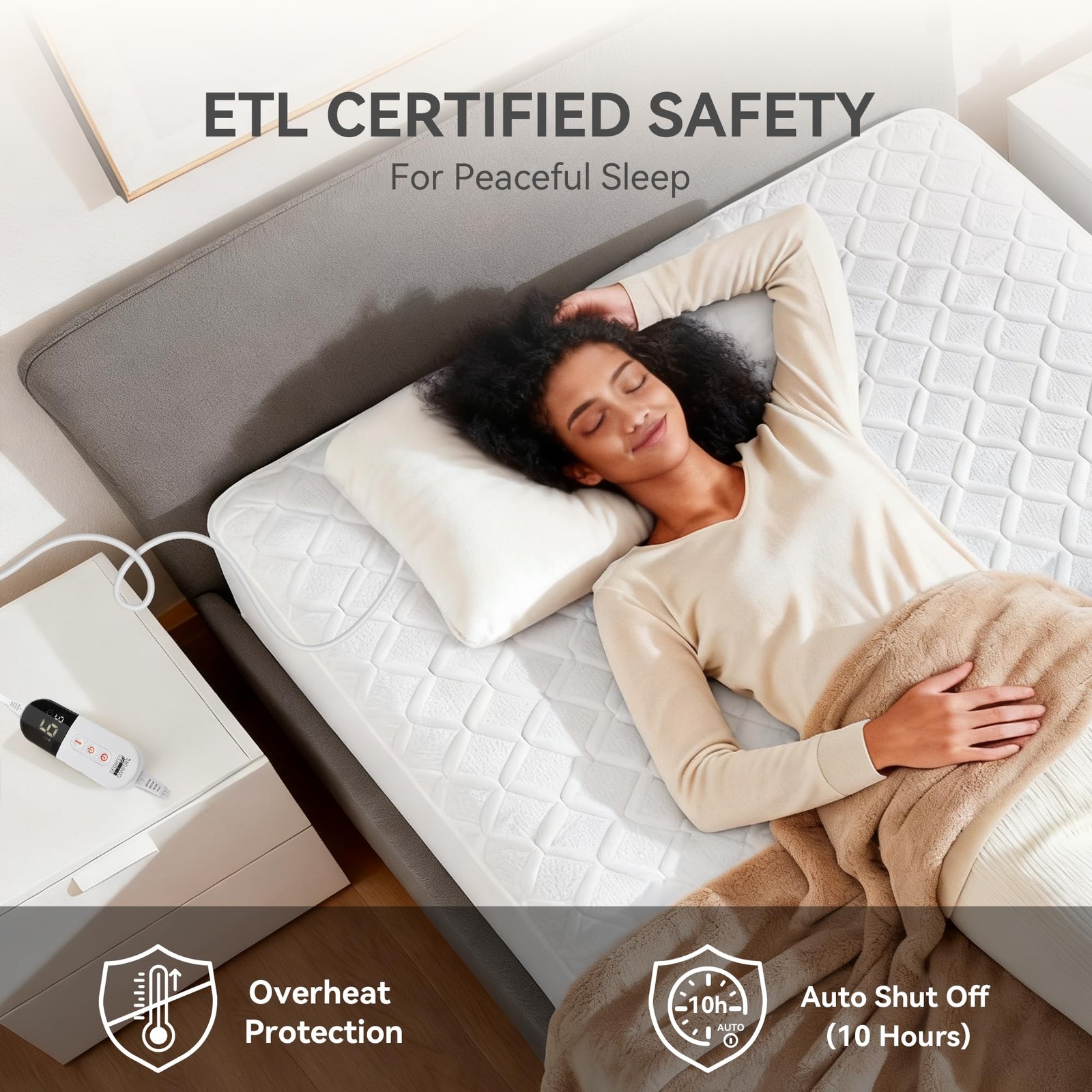 Heated Mattress Pad Queen Size with Dual Control, Electric Queen, White
