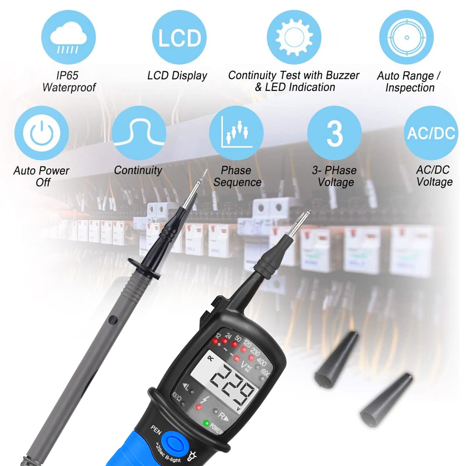 Pen-Style Multimeter 12-690V AC/DC Voltage Tester Phase Rotation & Continuity