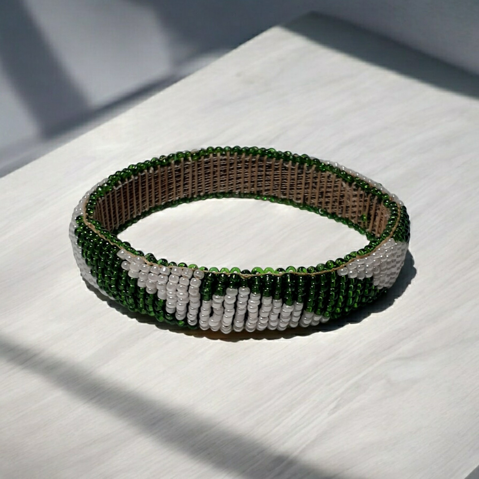 Handmade Beaded Bracelet Diagonal Green White Stripe 6" St Patricks Christmas