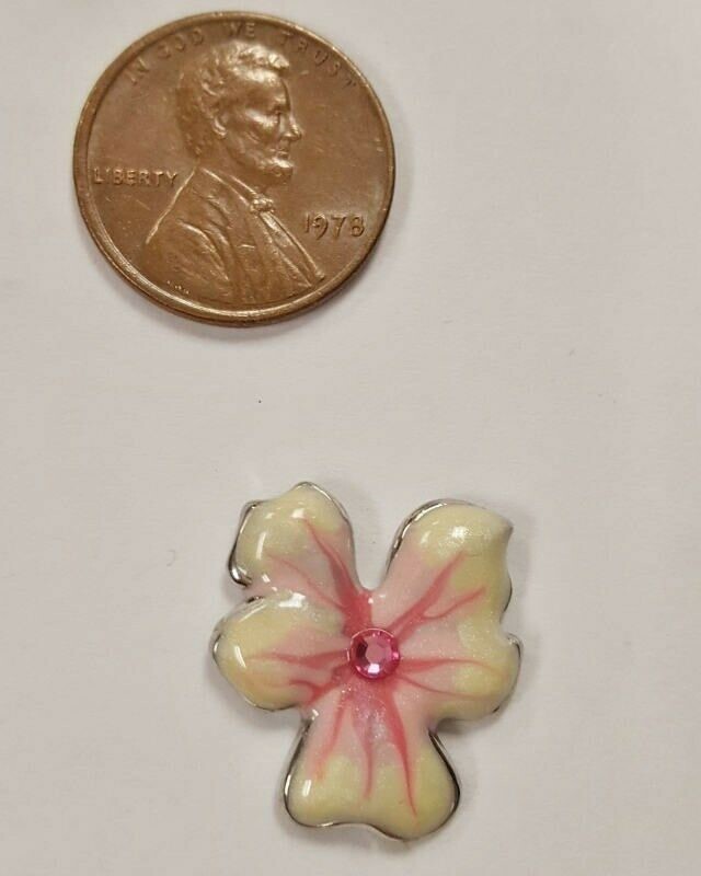 1 Retro Pink Enamel Flower Pink Rhinestone Silver 20mm. Finding    E209