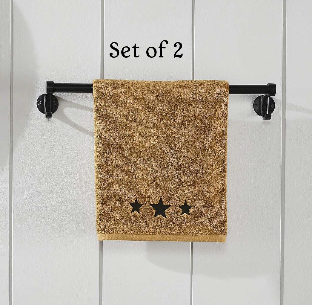 New Primitive Farmhouse SET 2 BLACK STAR HAND TOWELS Terry Bath Towel